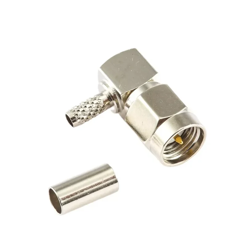Right angle SMA male RF connector with cable mounting structure for coaxial cable assembly Right angle SMA male RF connector with cable mounting structure for coaxial cable assembly