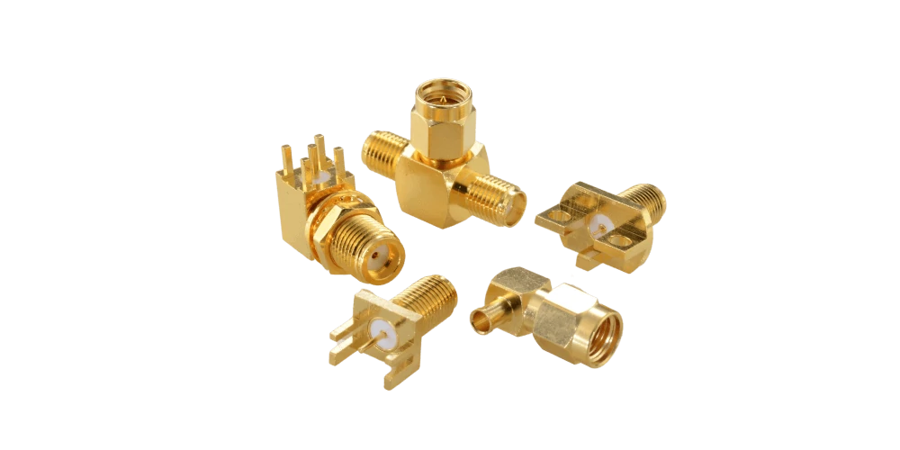 SMA female and male panel mount RF adapter pair for RF applications SMA female and male panel mount RF adapter pair for RF applications