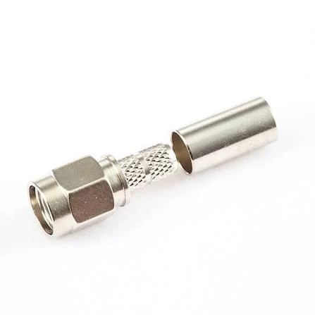 Silver SMA male RF connector structure for coaxial cable termination and RF signal connection Silver SMA male RF connector structure for coaxial cable termination and RF signal connection