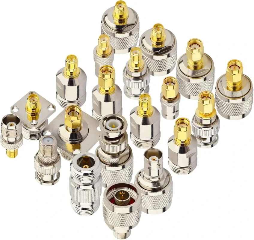 Assortment of TNC, BNC, SMA and N-type RF adapters for coaxial connector conversion Assortment of TNC, BNC, SMA and N-type RF adapters for coaxial connector conversion