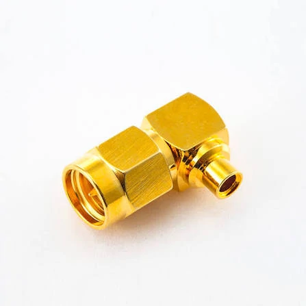 Right angle SMA male RF connector for coaxial cable assembly and compact RF installation Right angle SMA male RF connector for coaxial cable assembly and compact RF installation