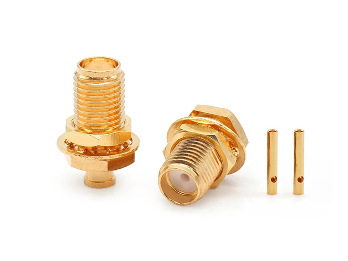 SMA female bulkhead RF connector for panel mount test fixture and coaxial cable connection SMA female bulkhead RF connector for panel mount test fixture and coaxial cable connection