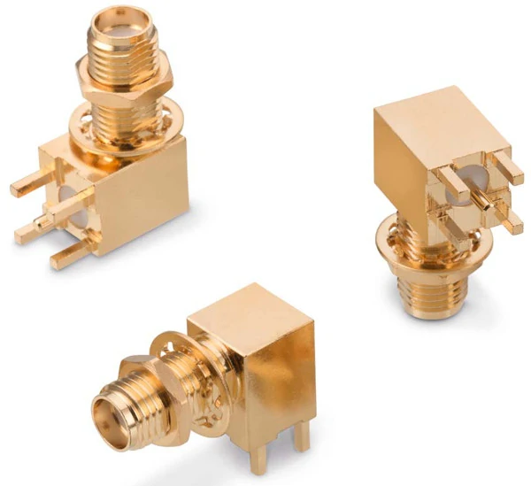 Right angle SMA PCB mount connectors for RF circuit board and equipment integration Right angle SMA PCB mount connectors for RF circuit board and equipment integration