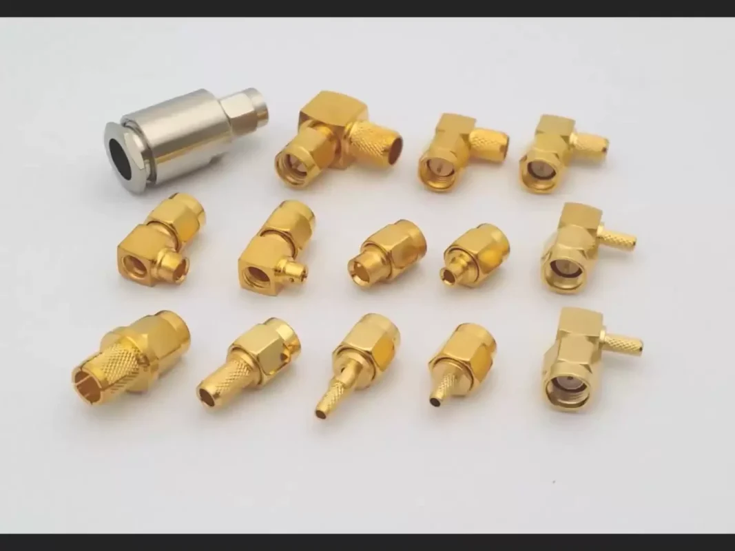 Different SMA RF connector types including straight, right angle, and cable mount connectors for RF cable assemblies Different SMA RF connector types including straight, right angle, and cable mount connectors for RF cable assemblies